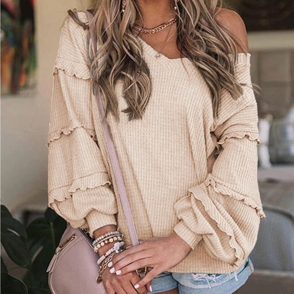 BTFBM Sweaters - 🤎 Ruffled Waffle Knit Loose V-Neck Sweater 🤎